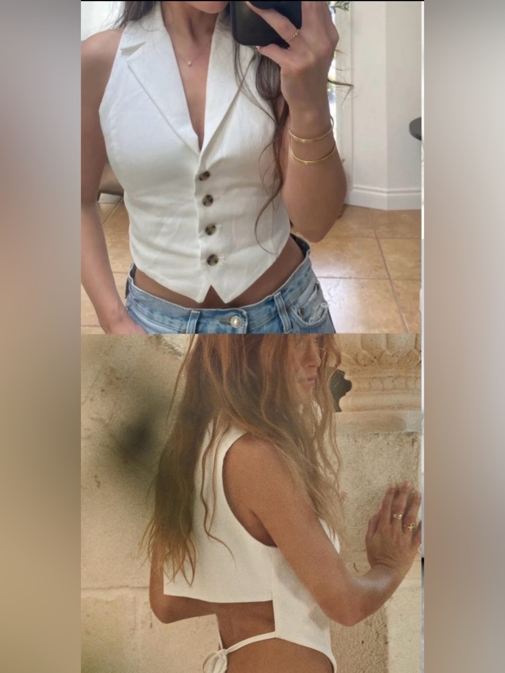 ZARA White Tailored Back Cut Out Notch-Collar Cropped Vest